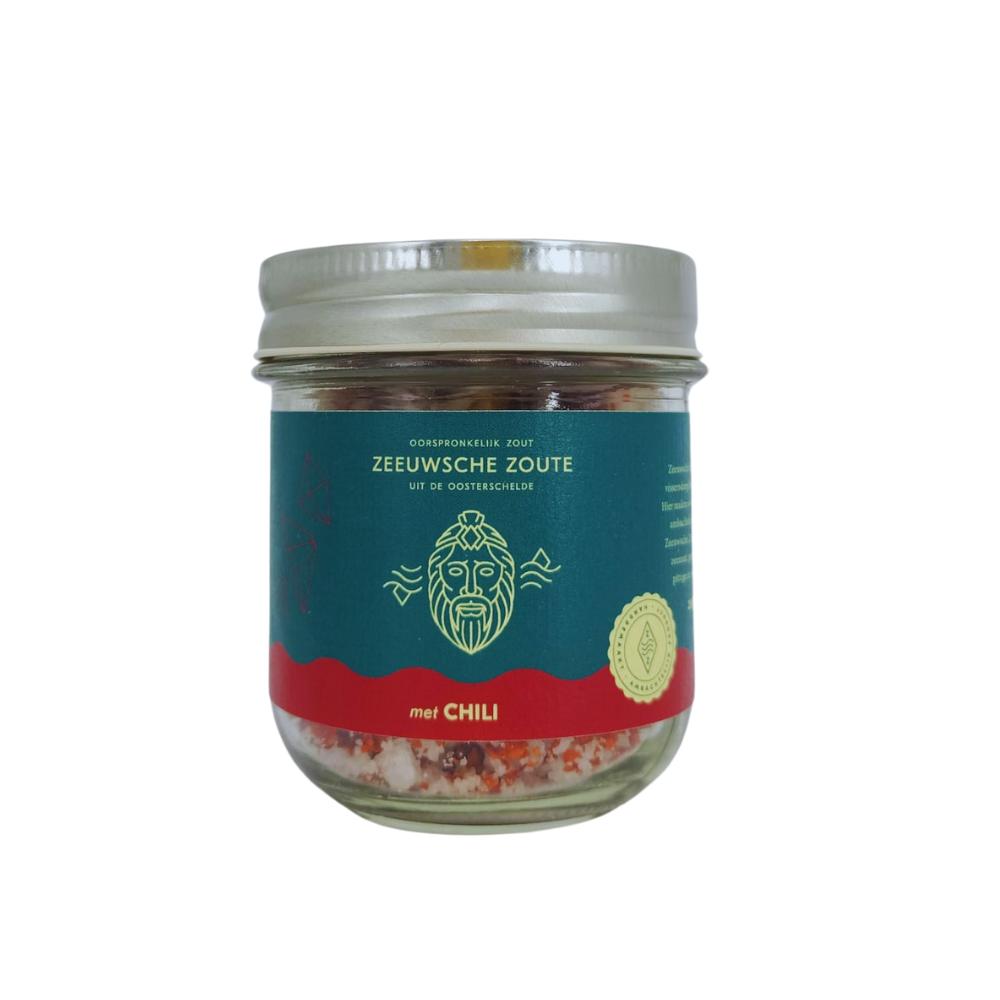 Zeeuwsche Zoute Zoute met chili in glass jar, 100g, a flavorful blend of herbs, salts, and spices for cooking.