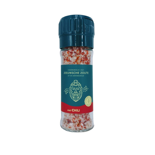 Zeeuwsche Zoute Zoutmolen with chili, 50g, featuring a stylish salt grinder filled with flavored chili salt.