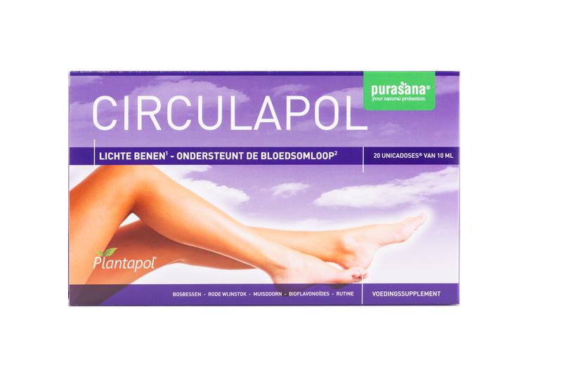Purasana Plantapol Circulapol herbal supplement in a box with 20 ampoules, featuring herbal ingredients for circulation support