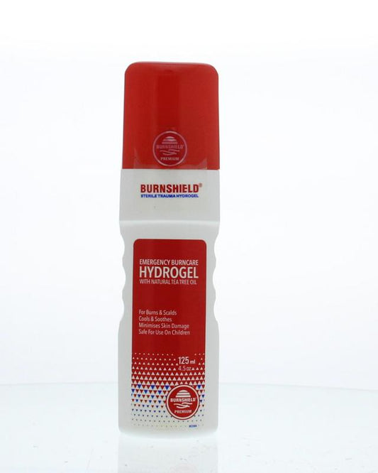 Sterile Burnshield Burnshield Gel for burns, 125ml bottle, soothing wound care product with clear packaging and label.