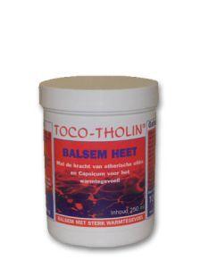 Toco Tholin Balsem heet 250ml, spier- en gewrichtsverzorging, close-up of the Toco Tholin topical heating balm container.