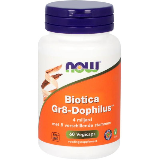 NOW Biotica Gr8-dophilus vegetarian capsules containing micro-organisms for digestive health, shown in a bottle with capsules.