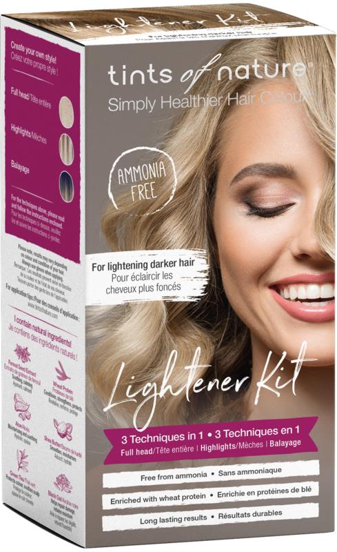 Tints Of Nature Lightener kit 3-in-1 for hair coloring, includes bleaching powder, developer, and applicator for natural hair lightening.