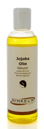 Ginkel's Jojoba oil 200ml for body care, clear bottle with golden jojoba oil, natural skincare product for moisturizing and nourishing skin