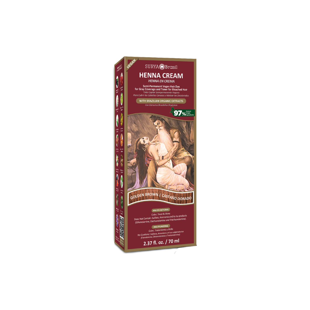 Surya Brasil Henna haarverf crème goud bruin in 70ml tube, showing the product packaging for natural hair coloring.