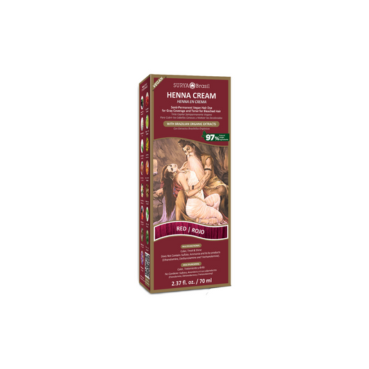 Surya Brasil Henna haarverf creme rood in 70ml tube, showing vibrant red hair coloring product from the front.