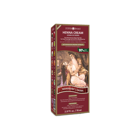 Surya Brasil Henna hair dye creme in mahogany color, 70ml, showing the rich reddish-brown hair coloring product.