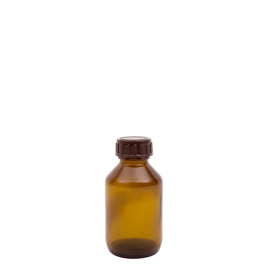 Blockland brown medicine bottles with 28mm caps, 100ml capacity, shown in a pack of 27 for pharmaceutical packaging.