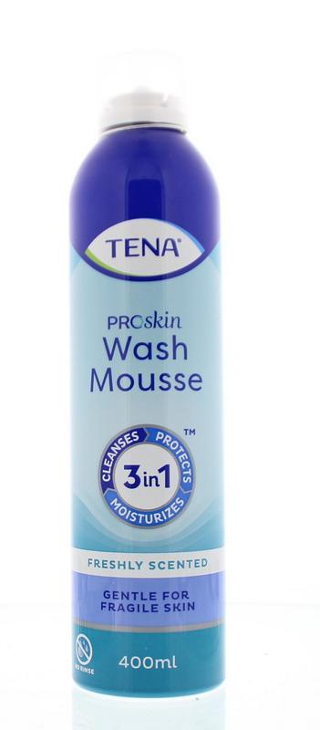 Tena Wash Mousse 400ml, a body cleansing foam in a pump bottle, designed for gentle skin care and hygiene.