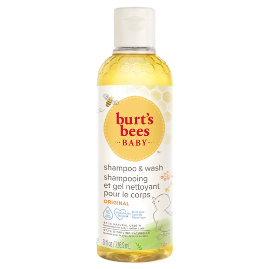 Burt's Bees Baby Bee shampoo and wash in 236.5ml bottle, gentle baby and toddler skincare product with natural ingredients.