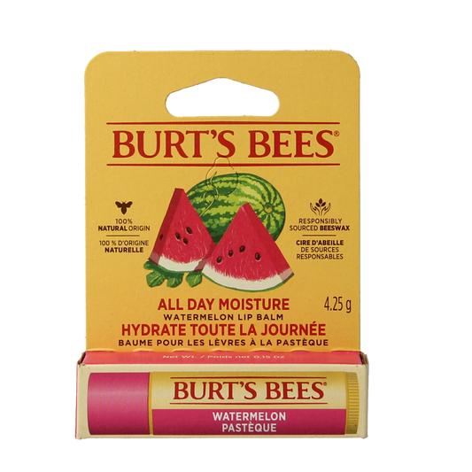 Burt's Bees Watermelon Lip Balm in a 4.25g blister pack, natural lip moisturizer with watermelon flavor