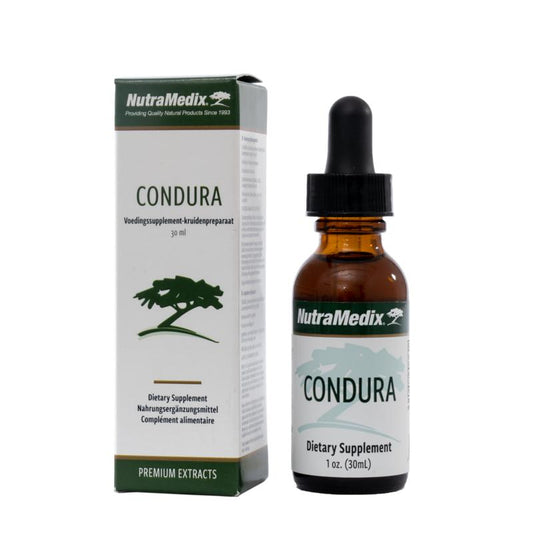 Bottle of Nutramedix Condura herbal supplement in a 30ml container, part of Nutramedix's kruidenpreparaten line.