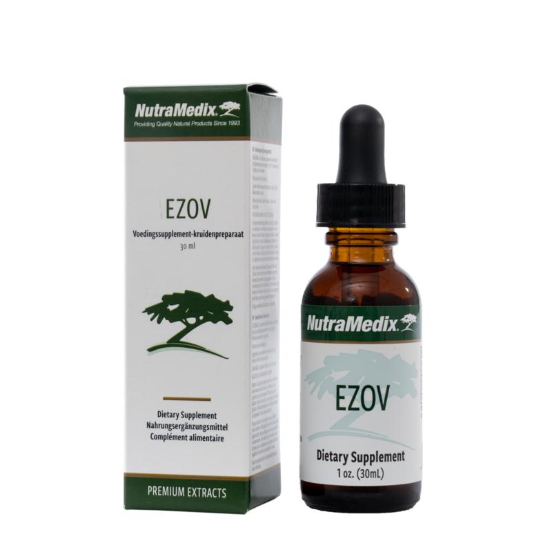 Nutramedix Ezov herbal remedy in a 30ml bottle, part of Nutramedix kruidenpreparaten, with a white label and dispensing cap