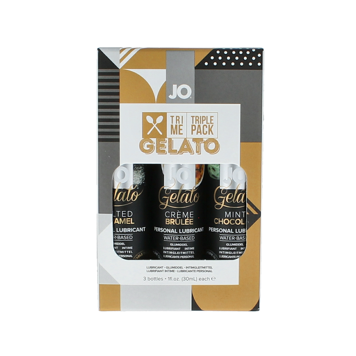 System Jo Tri Me Triple Pack Gelato lubricants set featuring three flavored water-based lubricants in colorful bottles.
