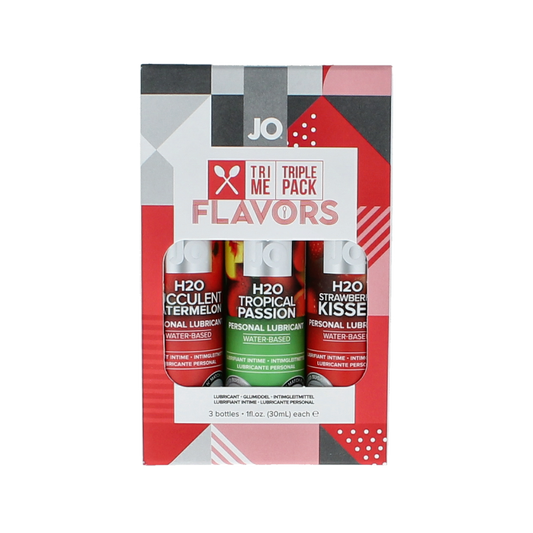 System Jo Tri-Me triple pack of flavored lubricants, featuring three different varieties in a set, for added intimacy and comfort.