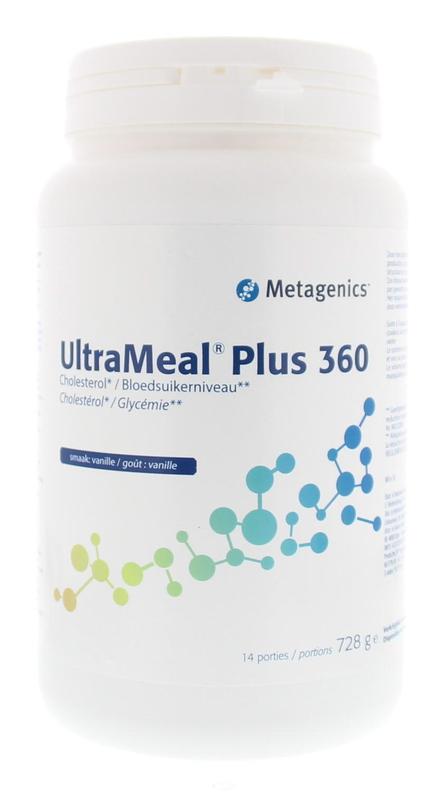 Metagenics Ultra Meal Plus Vanille amino acid supplement in 728g container, showing the product label and packaging.