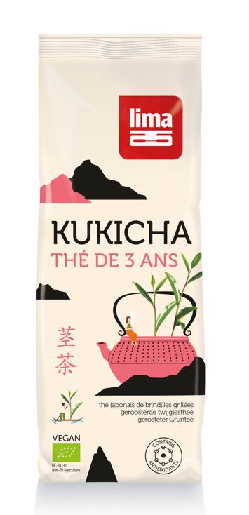 Organic Lima Kukicha tea in a 150g package, showcasing dried twig tea leaves in a natural, rustic setting.