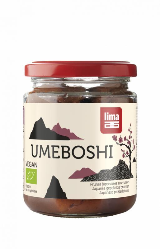 Organic Lima Umeboshi plums in a 200g package, showing the small, wrinkled purple fruits on the product label.