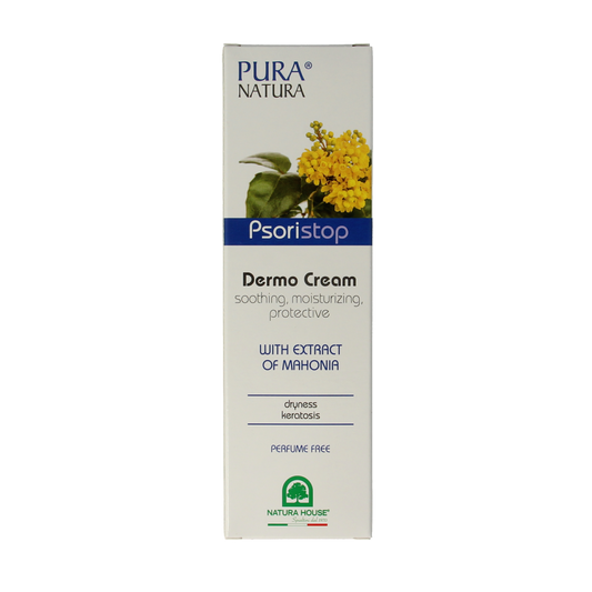 Cream tube of Natura House Psoristop body care cream, 75ml, with a white and green packaging design.