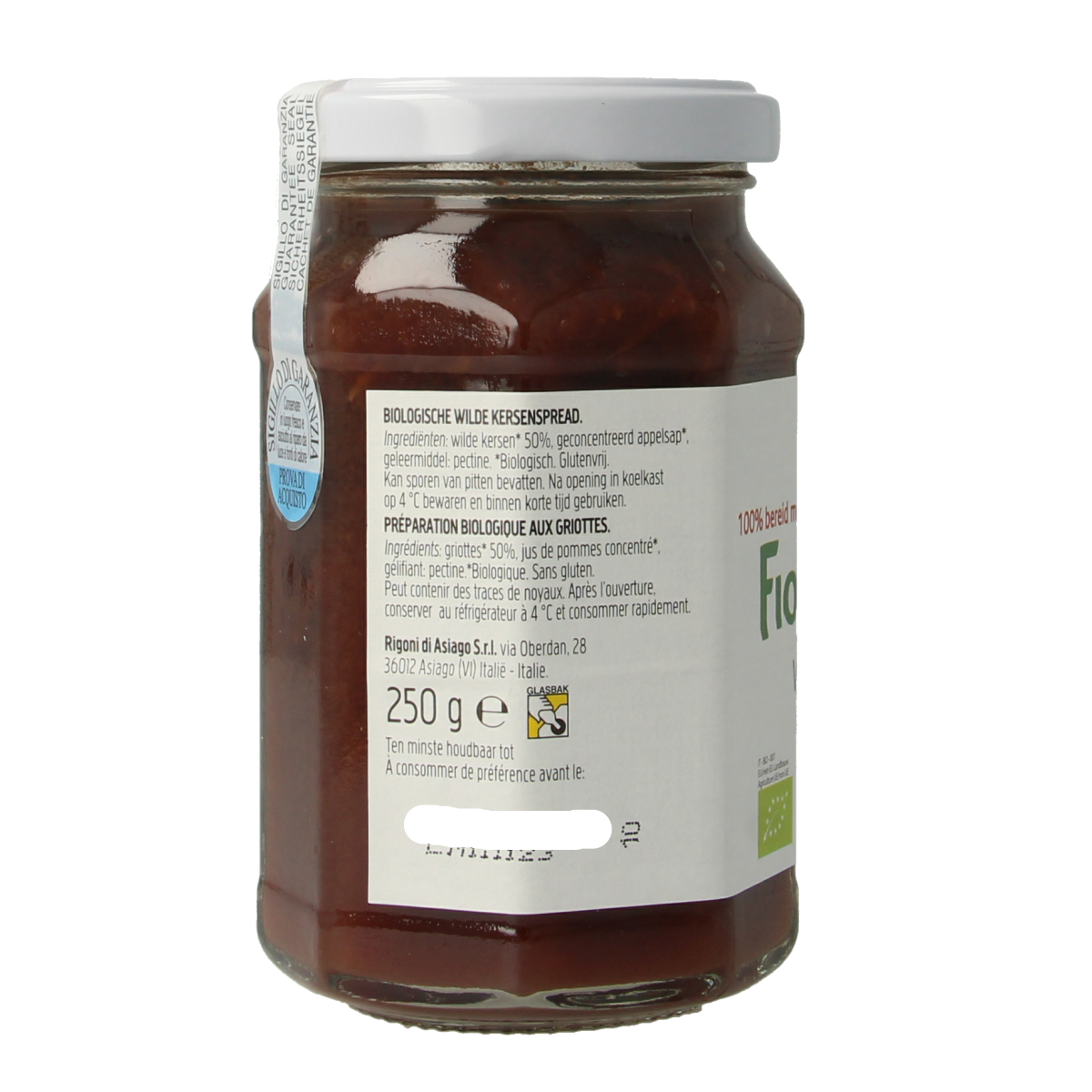 Fiordifrutta Wilde kersenjam bio on bread, 250g jar, natural fruit spread with cherries, organic broodbeleg.