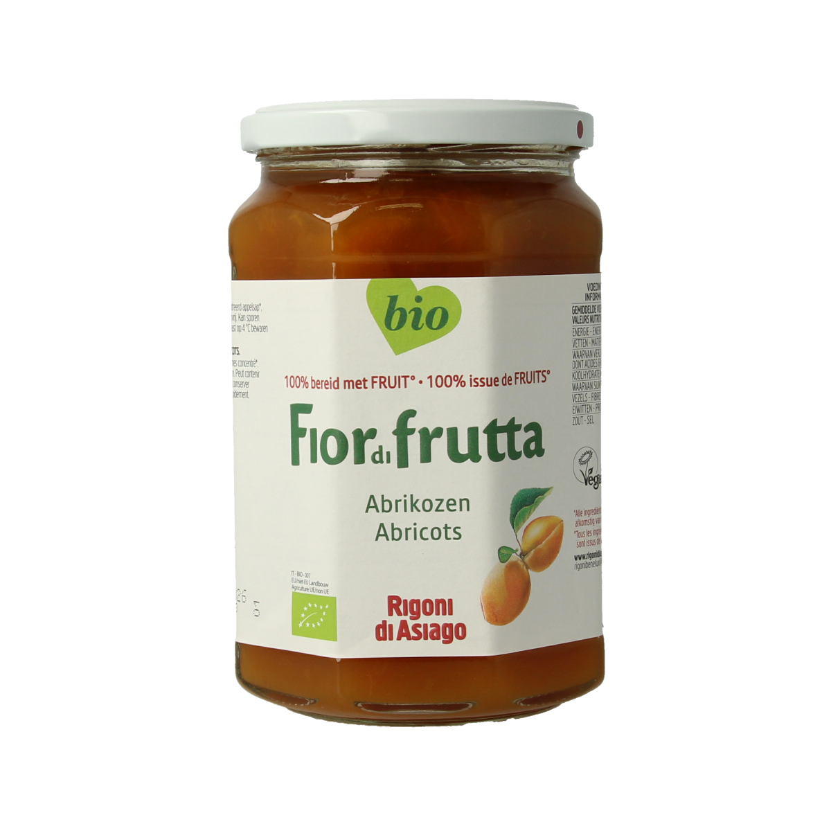Fiordifrutta organic apricot jam spread on bread, 630g jar, with a close-up of the jam's smooth, orange fruit texture.