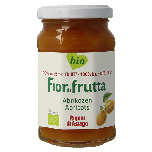 Jar of Fiordifrutta organic apricot jam, 250g, with apricots and spreadable consistency, for bread or toast.