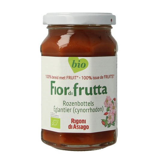 Fiordifrutta Rozenbotteljam bio spread on bread, 250g, with fresh raspberry rose flavor in a glass jar.