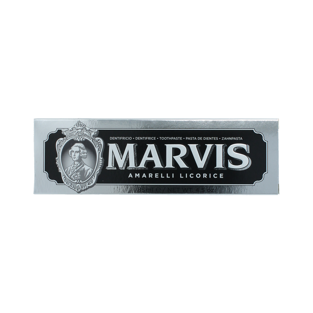 Marvis Amarelli Licorice toothpaste in 85ml tube, featuring a sleek design and bright packaging for fresh breath and whitening.