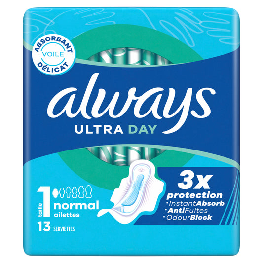 Always Ultra Maandverband Vleugels, 13-pack, women’s menstrual pads with leak barriers, in a box for feminine hygiene.
