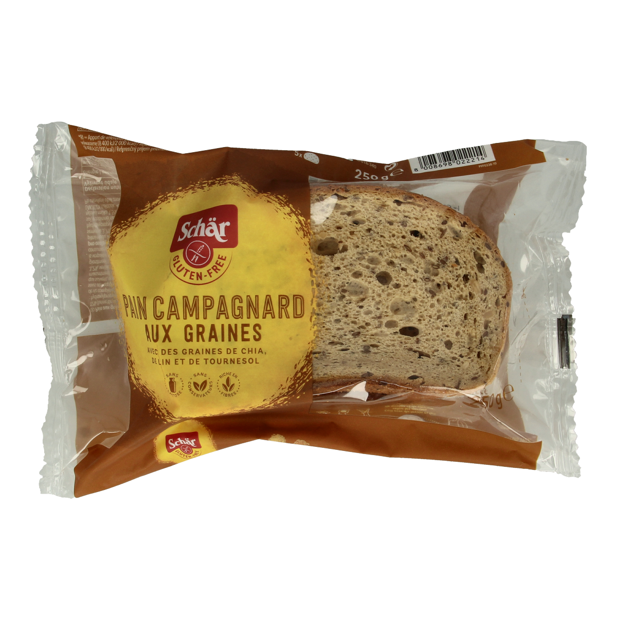 Schar Pain campagnard meergranenbrood glutenvrij 250g, gluten-free rustic multigrain bread, sliced with a textured crust and seed topping.