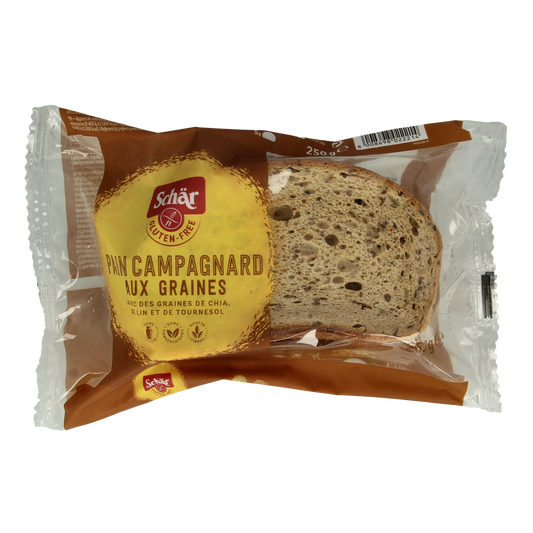Schar Pain campagnard meergranenbrood glutenvrij 250g, gluten-free rustic multigrain bread, sliced with a textured crust and seed topping.