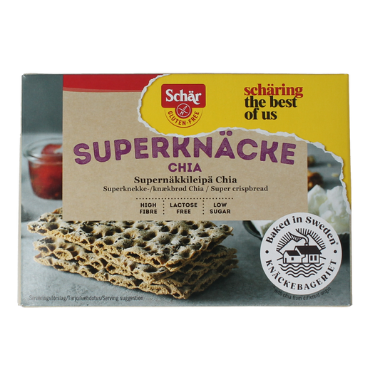 Schar Superknacke gluten-free bread with chia, 140g, crispy crackers with chia seeds on a white background.