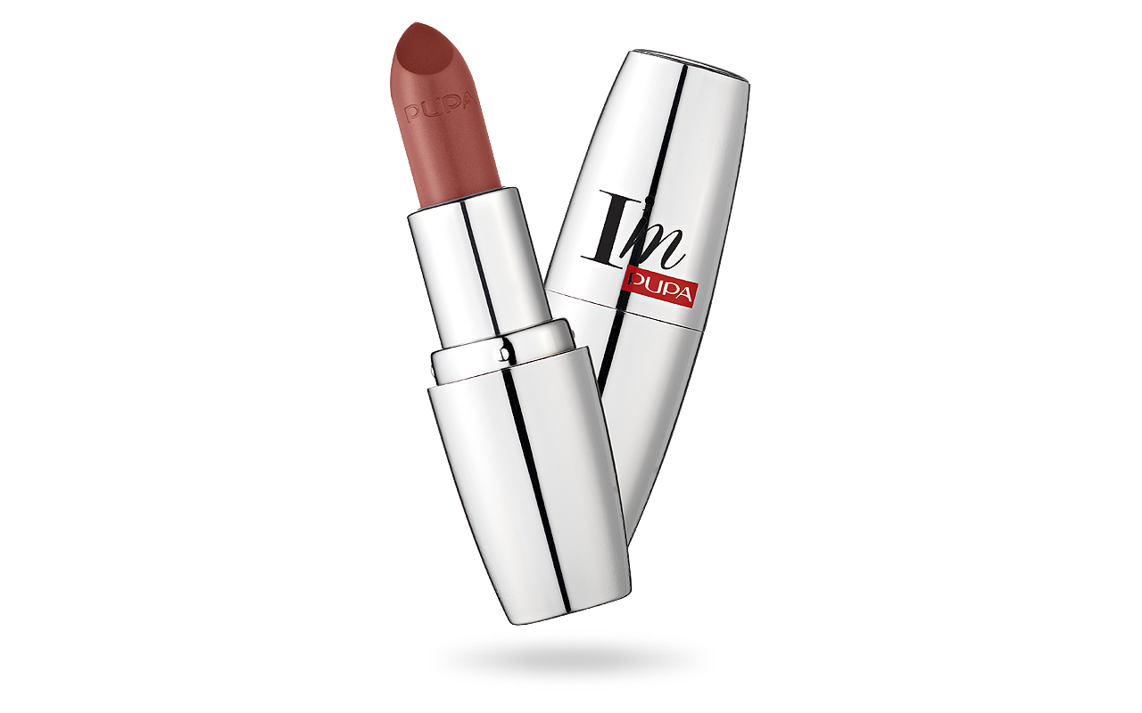 Pupa I'm Pupa lipstick in shade 409, featuring a close-up of the lipstick tube with the cap off showing the vibrant color.