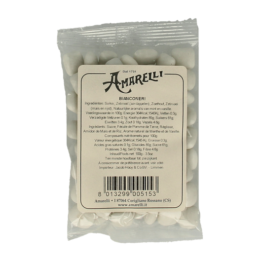 Amarelli Laurierdrop pepermunt snoepgoed in wit zakje, 100g, with peppermint-flavored drops and Laurier branding on packaging.
