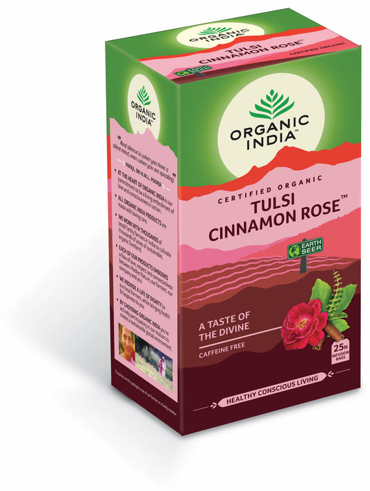 Organic India Tulsi cinnamon rose herbal tea in a box with 25 sachets, featuring dried herbs and floral ingredients.