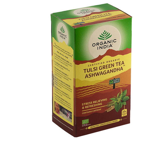 Organic India Tulsi green ashwagandha bio tea in 25 tea bags, herbal supplement with fresh green tea leaves and herbs in a box.