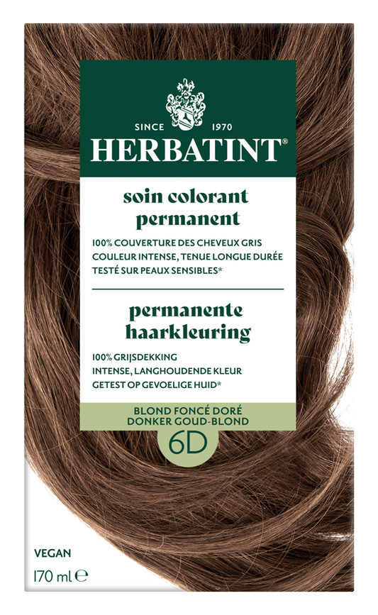 Herbatint 6D donker goudblond hair dye bottle, 170ml, with product label and cap showing on a white background.