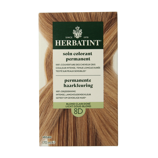 Herbatint 8D Licht goud blond hair coloring tube with 170ml of light golden blond color for natural-looking hair.