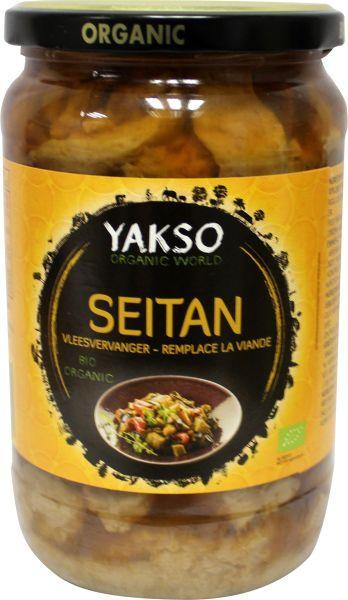 Yakso Seitan in tamarisaus bio, 700ml, vegan meat substitute in a jar with a tamarind sauce label.