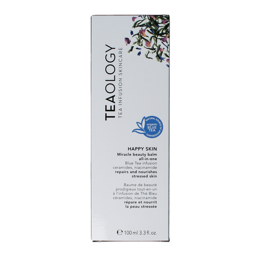 Teaology Happy Skin facial skincare bottle, 100ml, with a sleek design and clear labeling, for glowing skin.