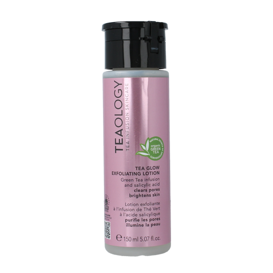 Teaology Tea Glow exfoliating lotion in 150ml bottle, facial skincare product with a sleek white and blue packaging design.