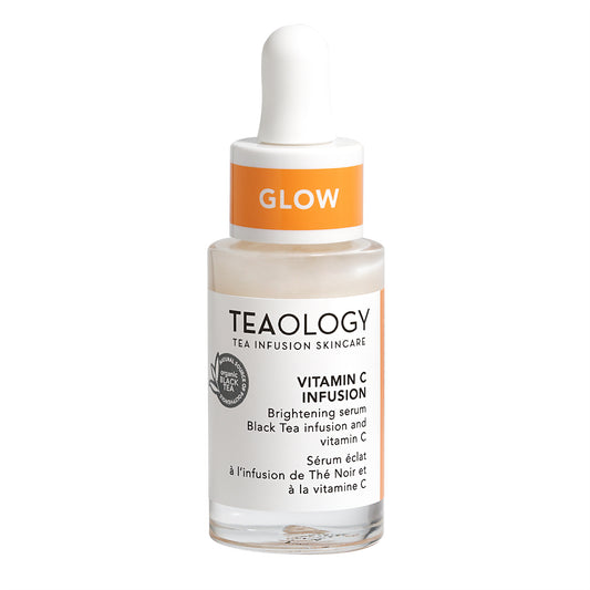 Teaology Vitamine C infusion facial serum in a 15ml bottle, featuring a clear design and dropper applicator for skincare.