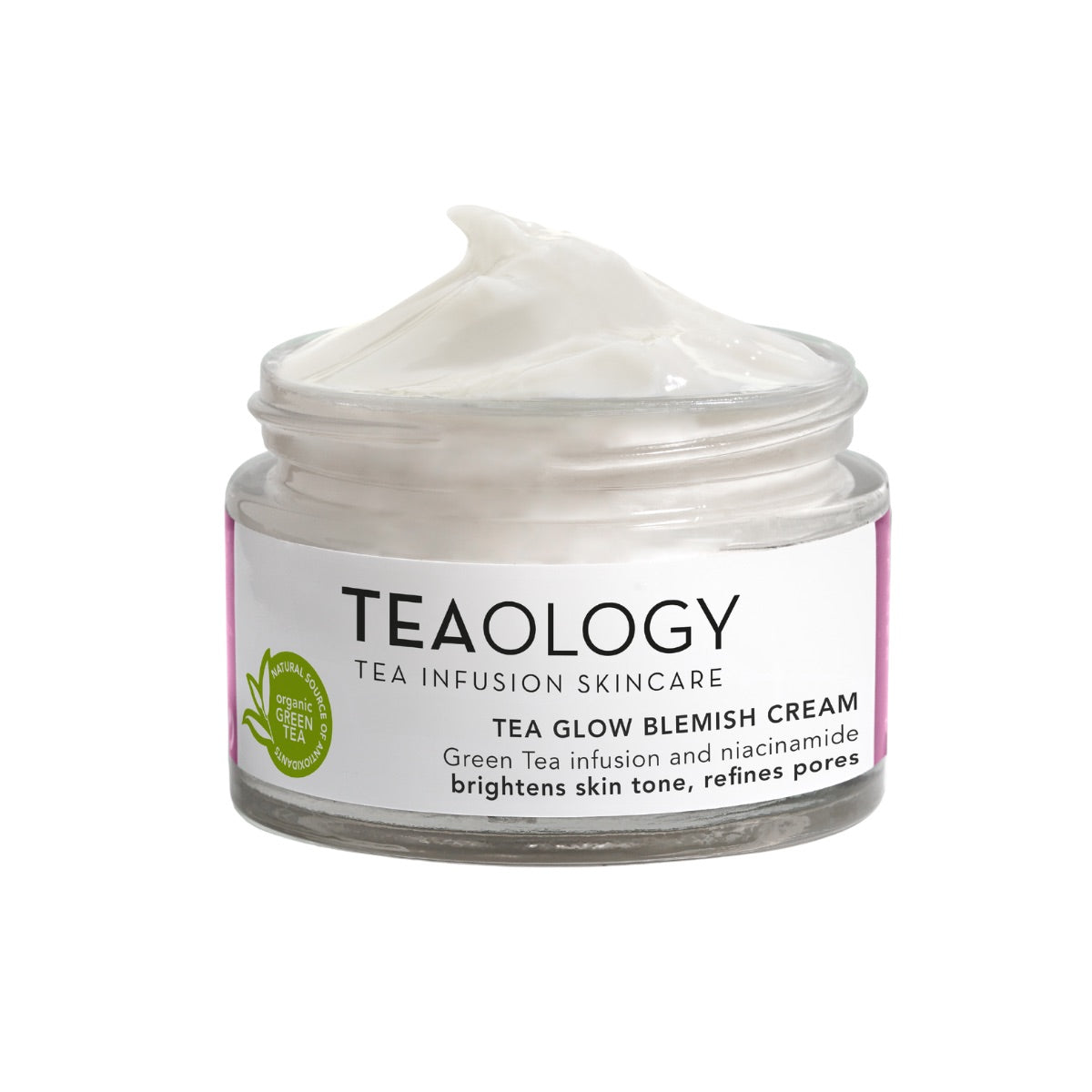 Teaology Tea Glow Niacinamide Blemish Cream in 50ml jar, facial skincare product for clear, radiant skin.