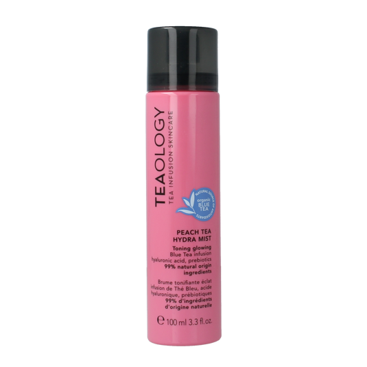 Teaology Peach Tea Hydra Mist in 100ml spray bottle, a body care product with peach and tea extract for hydration.