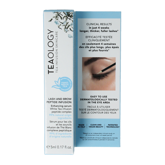 Teaology Lash and Brow Peptide Infusion bottle, 5ml, for eyelash and eyebrow growth and nourishment.