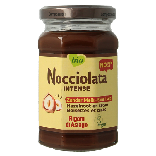 Nocciolata hazelnut spread with cocoa, organic, dairy-free, 250g jar, ideal as bread spread or snack.