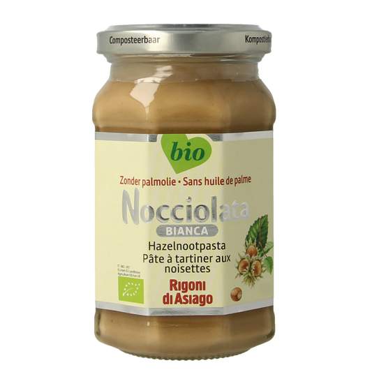 Nocciolata bio hazelnut spread jar on a wooden table, natural product with a white hazelnut spread label, 250g.