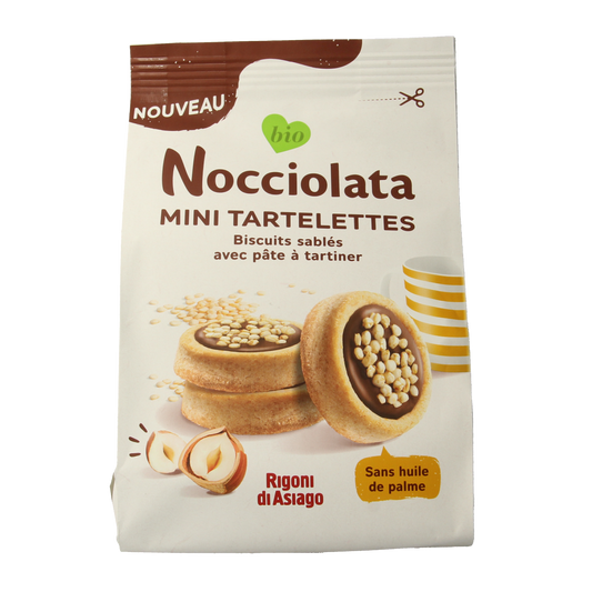 Rigoni Di Asiago Nocciolata bio tartlets, a package of 250g of crunchy, chocolate-filled koeken with hazelnut spread.