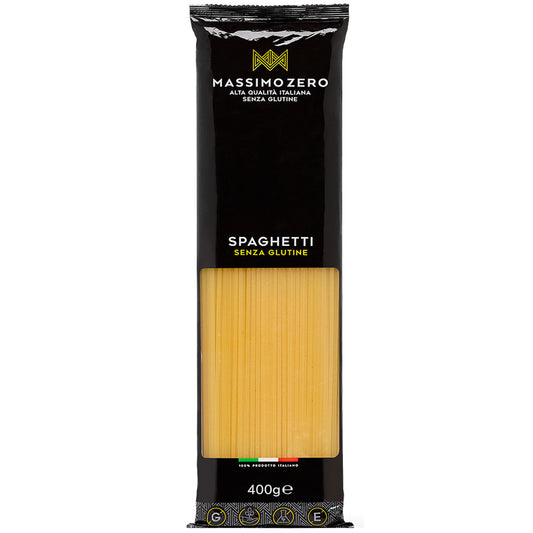 Gluten-free Massimo Zero spaghetti pasta in 400g package, with a close-up of the product packaging.