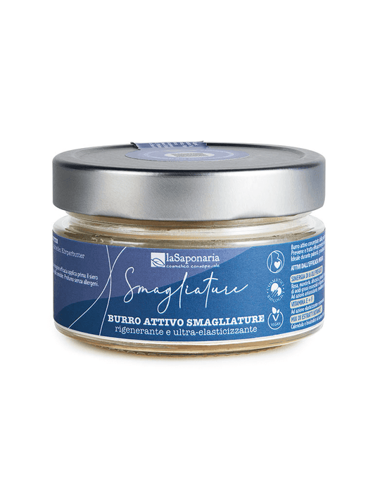 La Saponaria bio stretch marks body butter in 150ml jar, natural body care product for skin elasticity and nourishment.